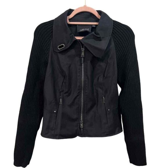 Carlisle black full zip collared fitted sweater moto jacket size 4 - Picture 3 of 12